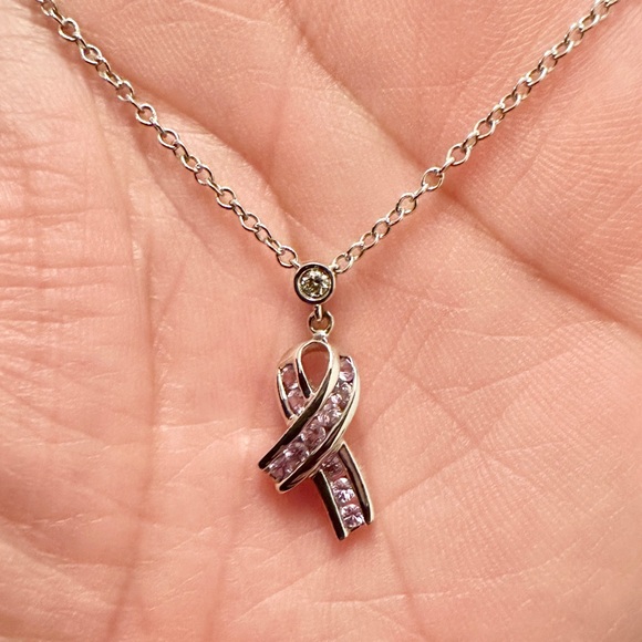 14K White Gold Pink Sapphire and Diamond Cancer Awareness Necklace